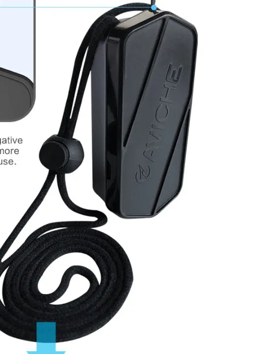 Black personal air purifier necklace worn around neck, showing compact rectangular shape.