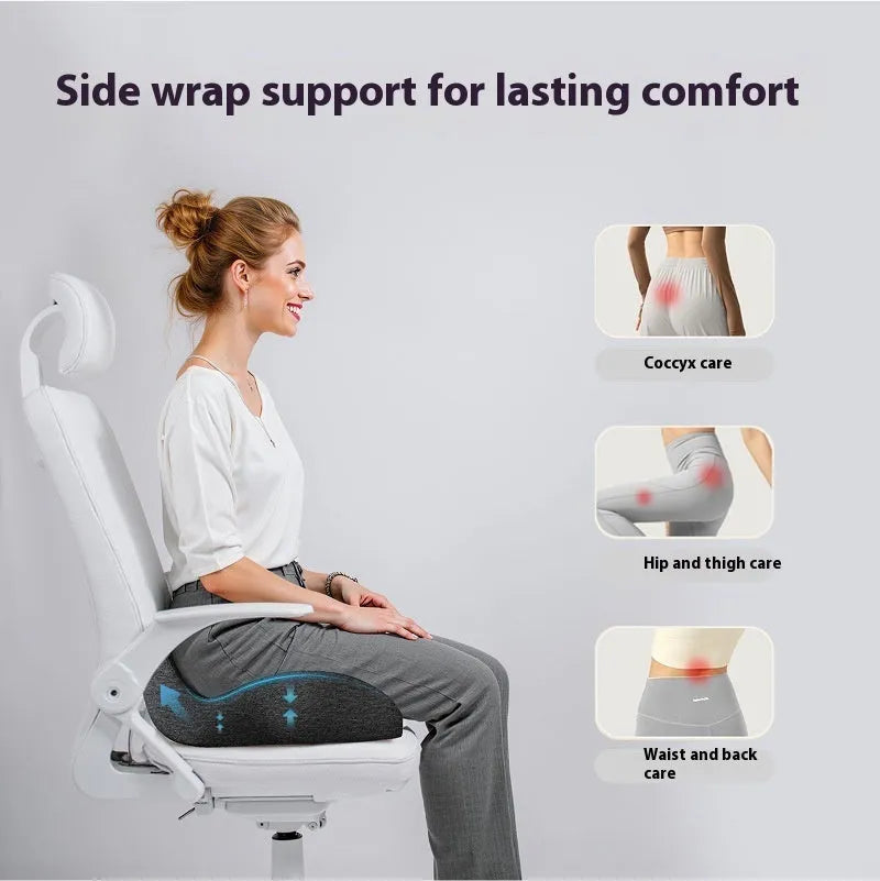 Solid colour memory foam office chair seat cushion measuring 46x43x12cm in light grey, black, or green.