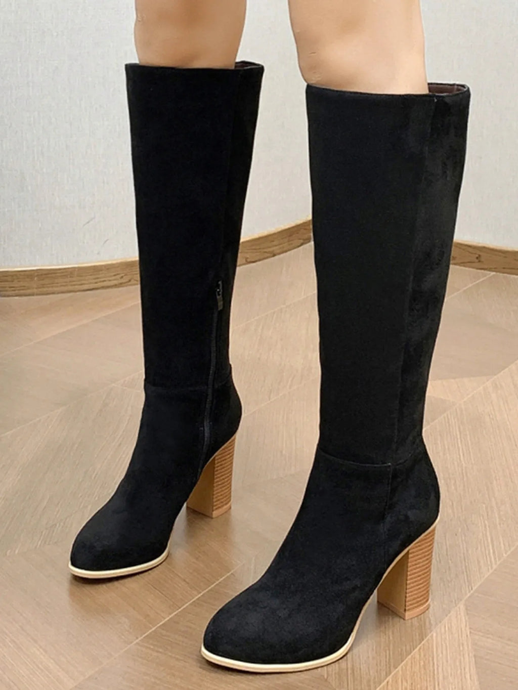 Women's square toe high heel fashion boots in black and dark brown colours