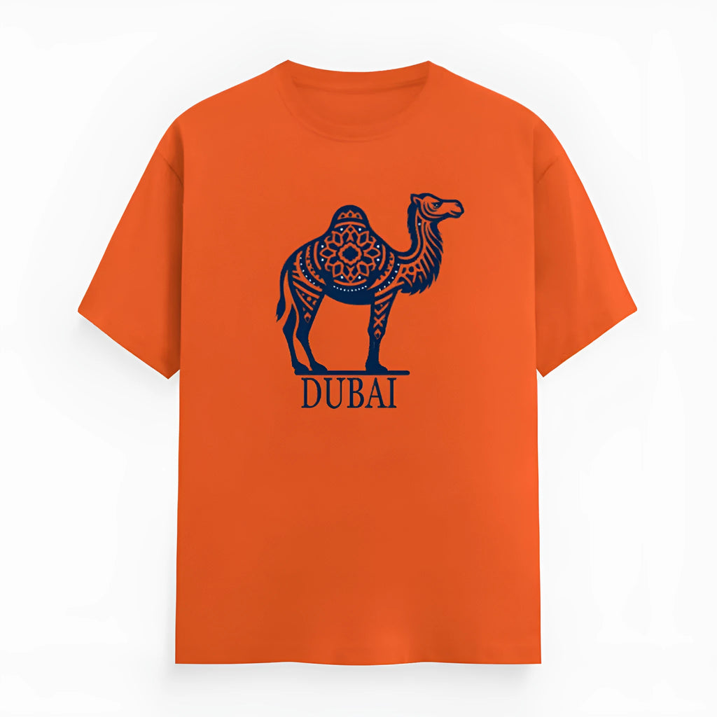 Orange cotton loose fit t-shirt with short sleeves and round neck on hanger