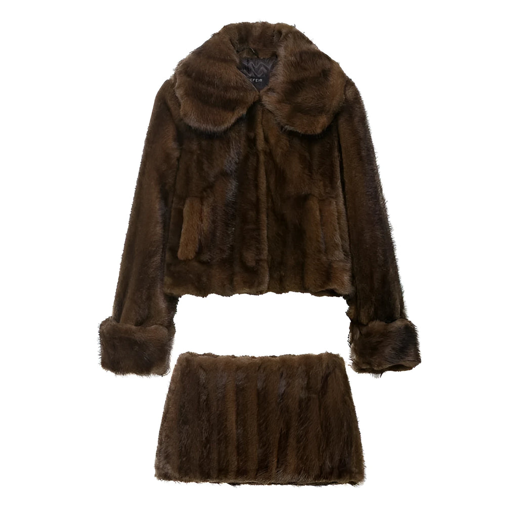 Women's faux fur coat and skirt set in solid colour with button front, long sleeves, polyester blend fabric