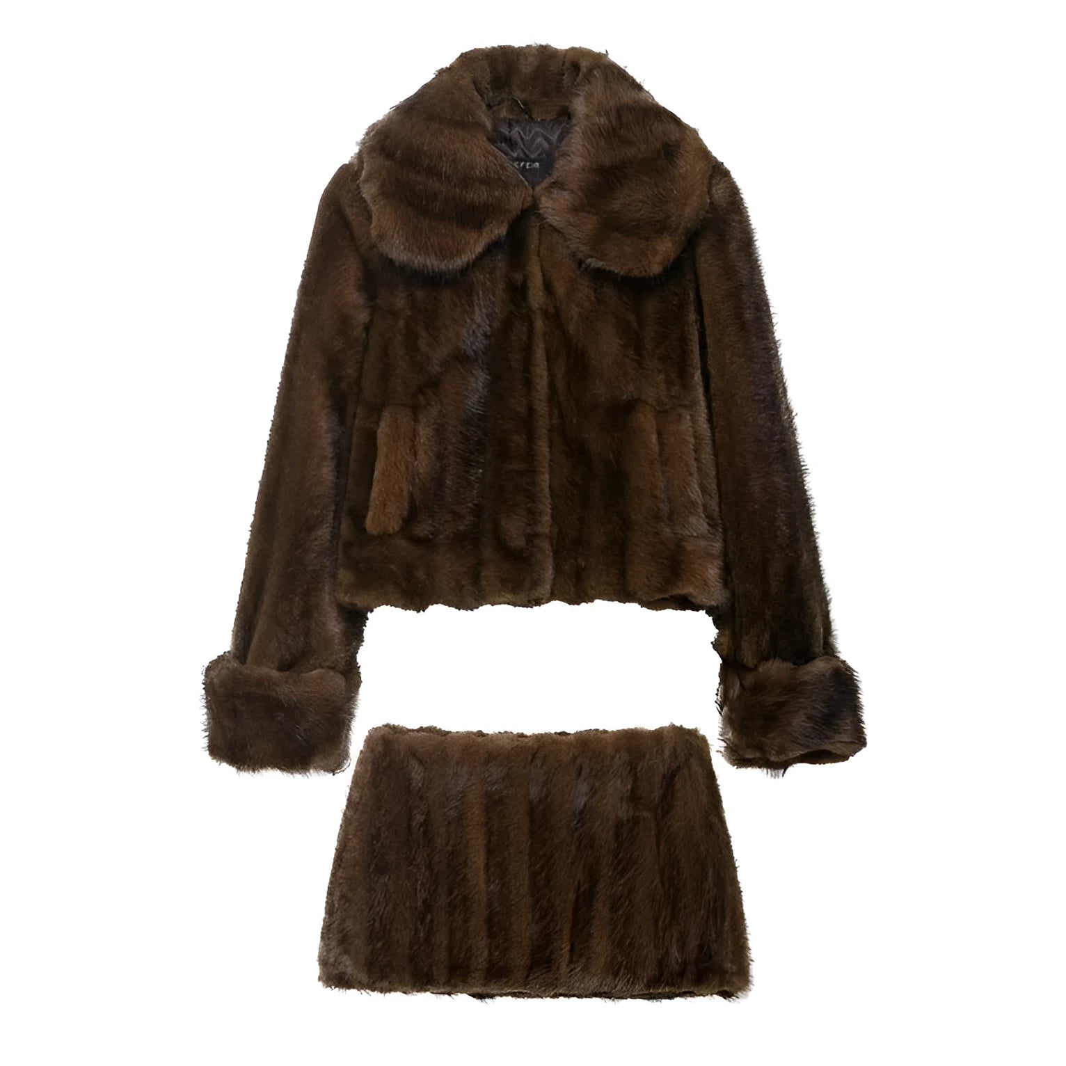 Women's faux fur coat and skirt set in solid colour with button front, long sleeves, polyester blend fabric