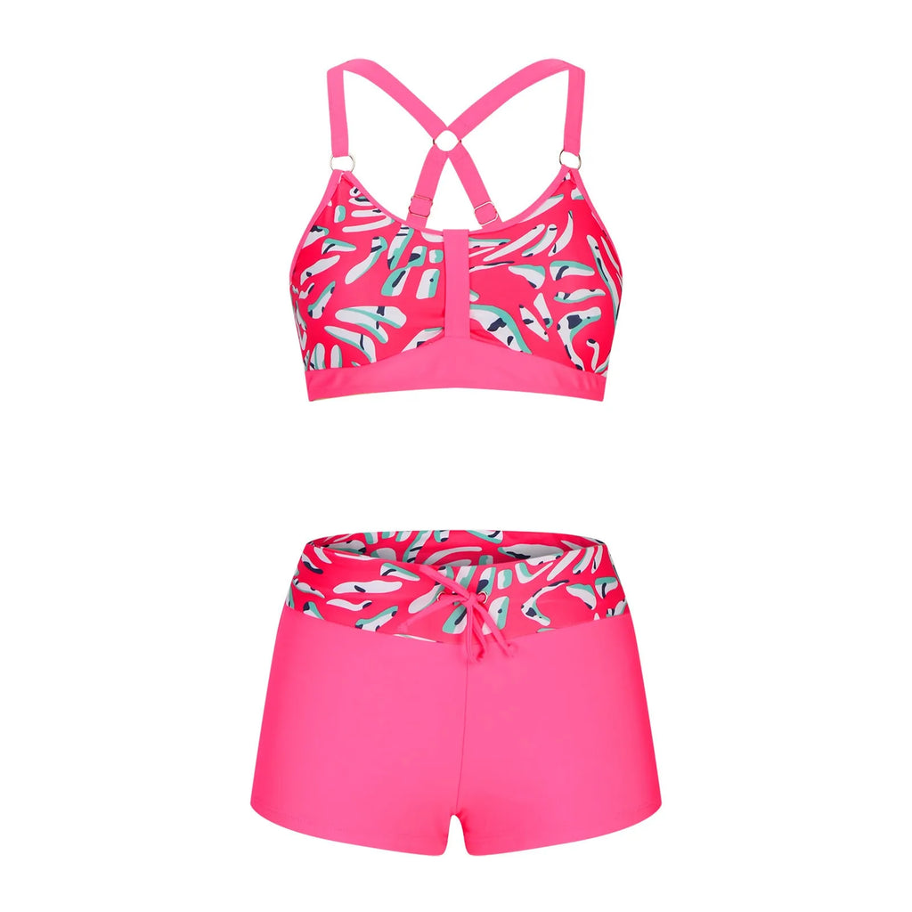 Women's floral print bikini swimsuit with solid colour bra top and printed briefs shorts