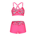 Women's floral print bikini swimsuit with solid colour bra top and printed briefs shorts