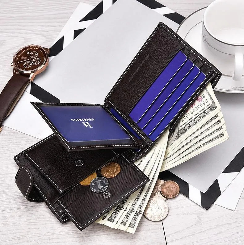 Men's genuine leather short standard wallet in black with compact dimensions, polyester lining