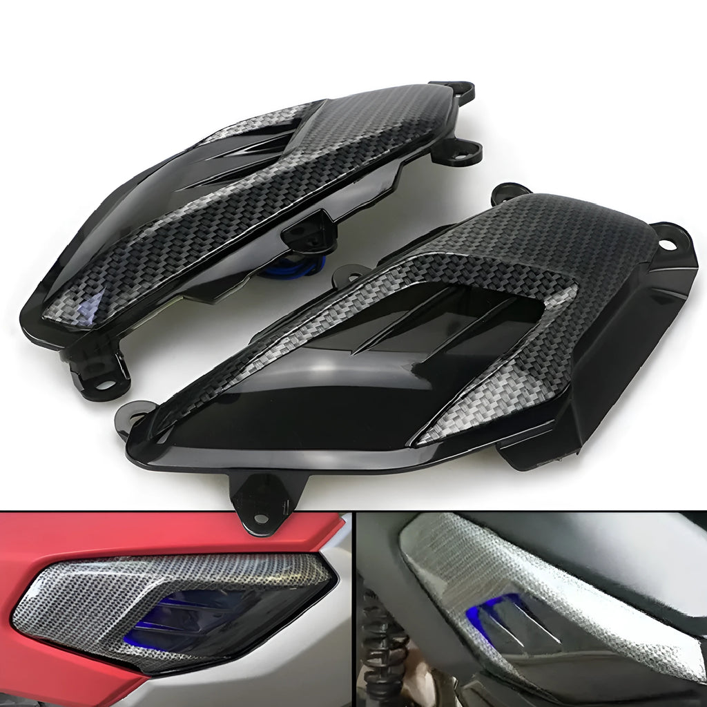 Pair of YAMAHA NMAX LED side lamps with carbon fibre decoration and choice of blue or red light.