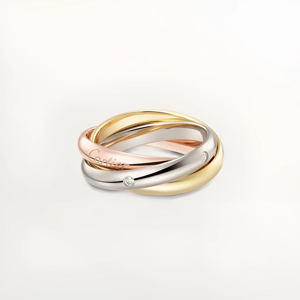 Silver geometric couple ring set with diamond accents on a U-shaped band.