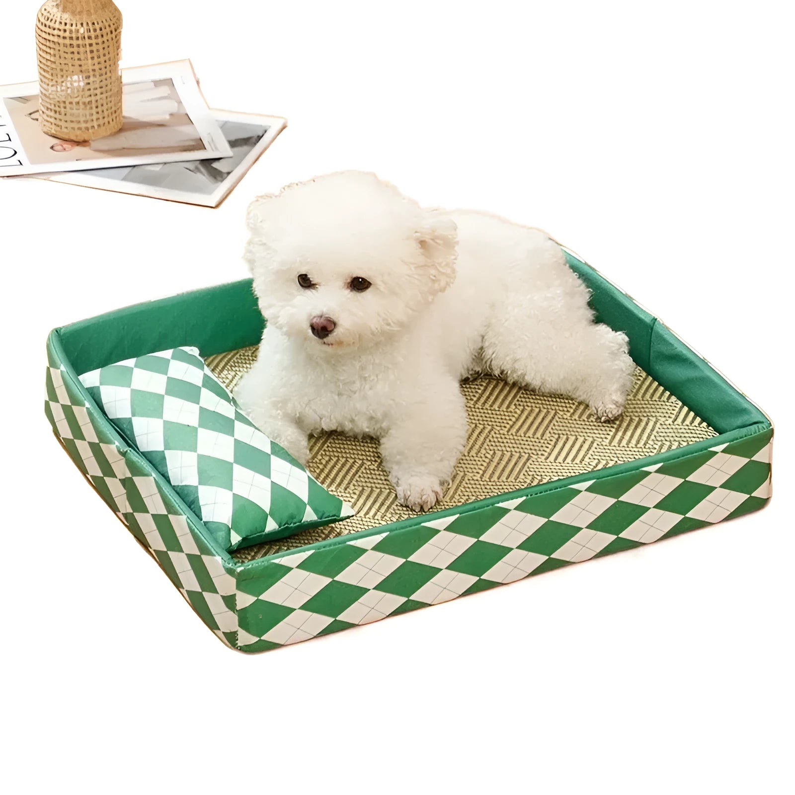 Blue rattan weave cat mat with non-slip base shown in size L, placed on a wooden floor.