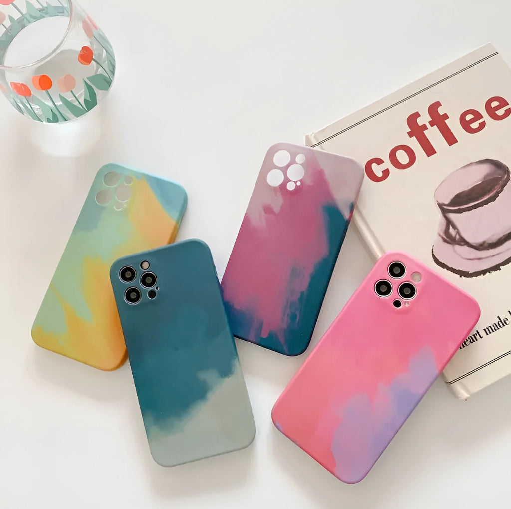 Soft silicone iPhone case with blue and purple abstract oil painting gradient geometry pattern.