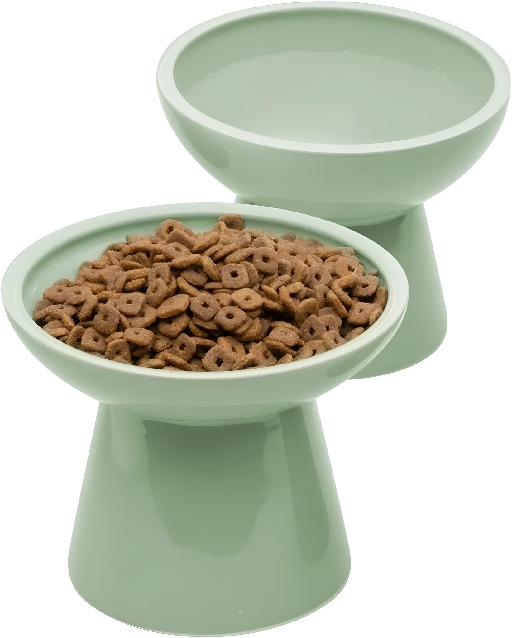 White ceramic elevated cat bowl with wide shallow dish on wooden floor