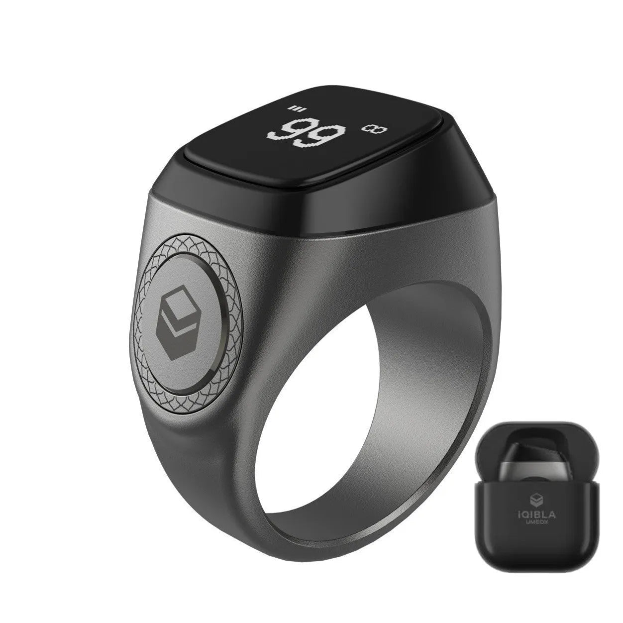 Zikr1 metal smart ring with OLED display showing prayer count, worn on a finger.