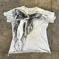 Men's grey Gothic cartoon print short sleeve t-shirt on a hanger.