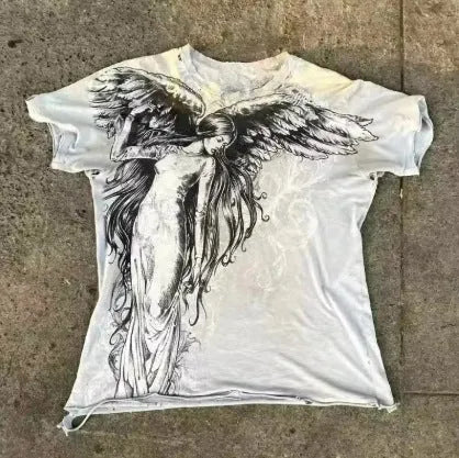 Men's grey Gothic cartoon print short sleeve t-shirt on a hanger.