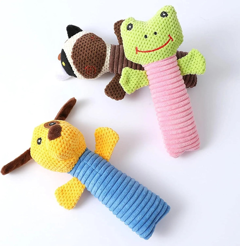 Squeaky stuffed dog chew toy in animal shape for dental cleaning and play
