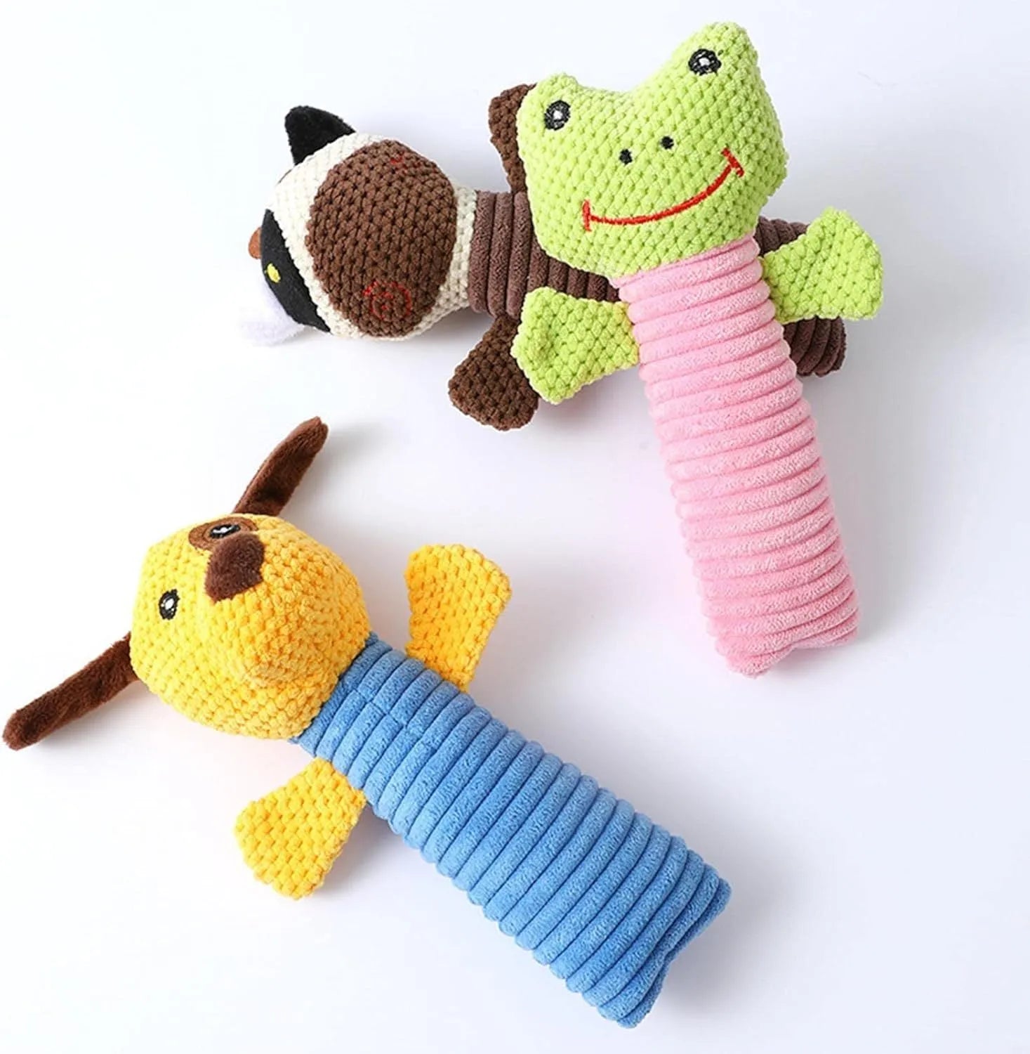 Squeaky stuffed dog chew toy in animal shape for dental cleaning and play