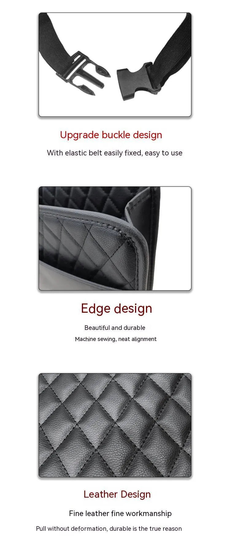 Leather hanging storage bag for car interior in black, pink, green, or white