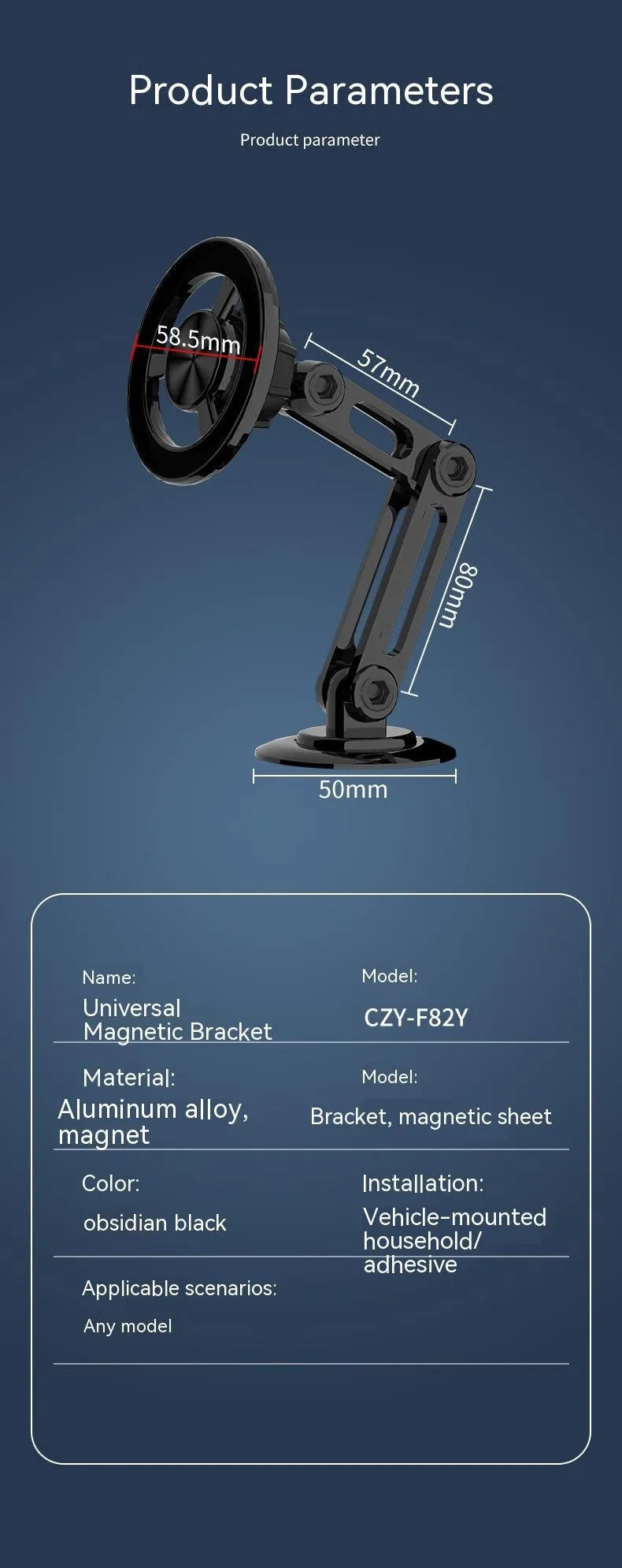 All-metal magnetic car phone holder in black, shown with magnetic rings and spare adhesive pads.