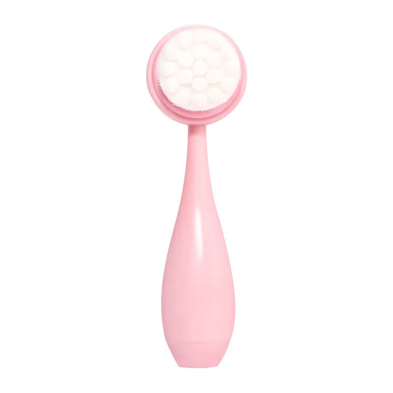 Purple facial brush with nylon bristles and matching coral fleece hair band on a white background.