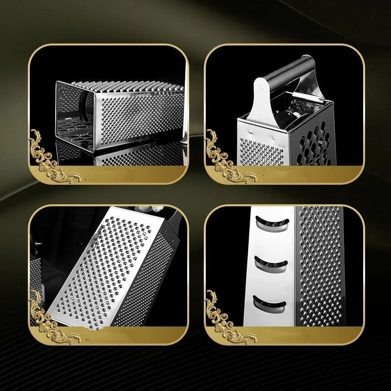 Multifunctional stainless steel vertical grater with cylindrical handle on a kitchen counter