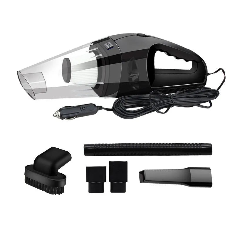 Orange portable handheld car vacuum cleaner with nozzles and a long power cord for 12V socket use.