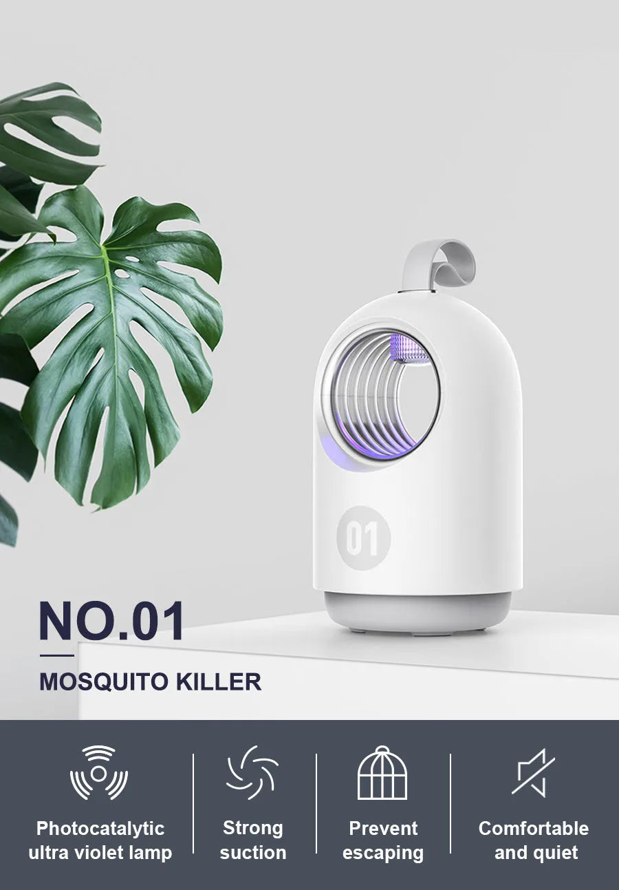White and blue indoor mosquito killer lamp with UV light, fan, USB cable, and a top carry handle.