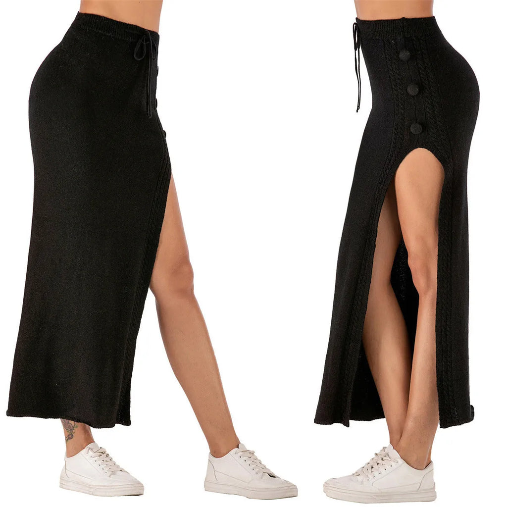 A slim-fit grey mid-length acrylic skirt with a side split and elastic waistband, laid flat.