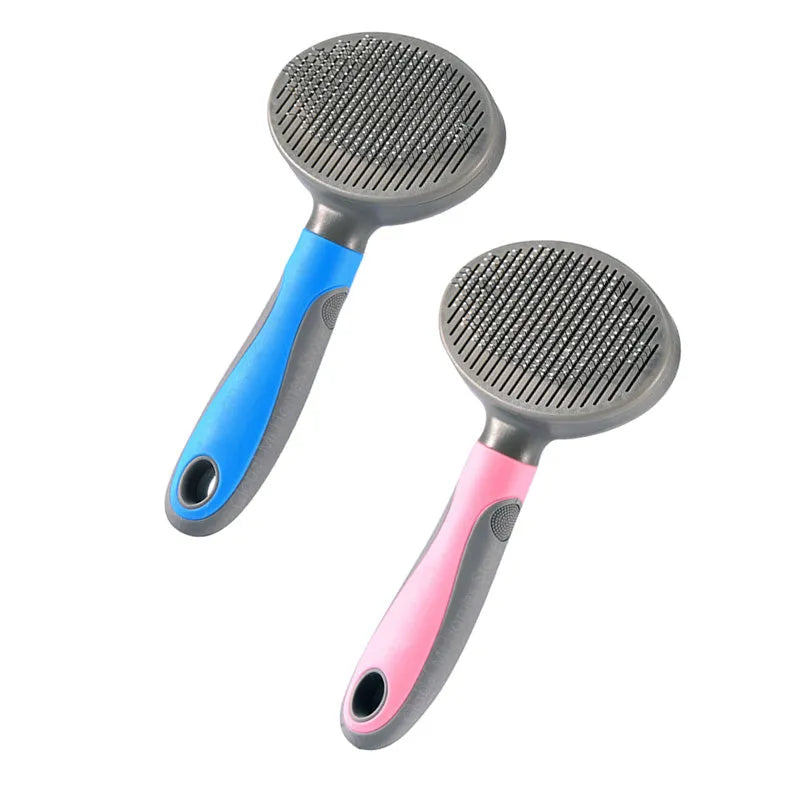 Double-sided steel needle pet grooming brush with plastic handle in blue and pink colours