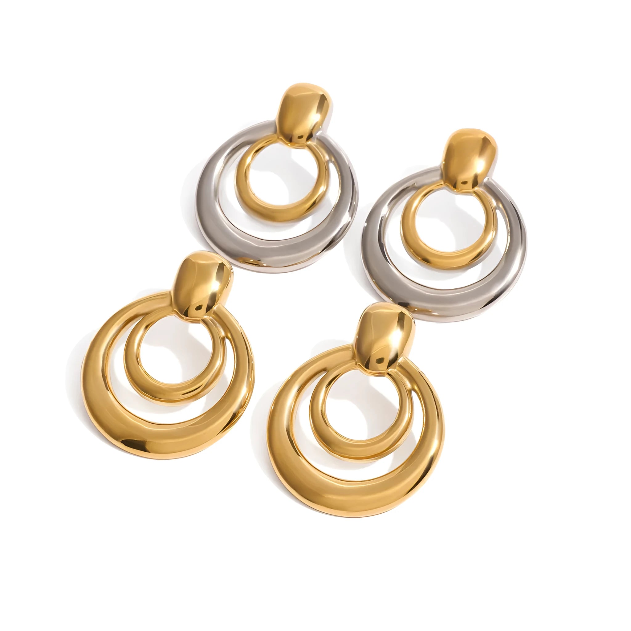 Golden round geometric double-layer hollow stud earrings with 18K gold electroplating on titanium steel
