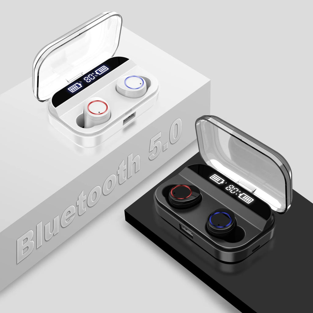Black X11 Bluetooth wireless earbuds and charging case with six silicone ear sleeves.