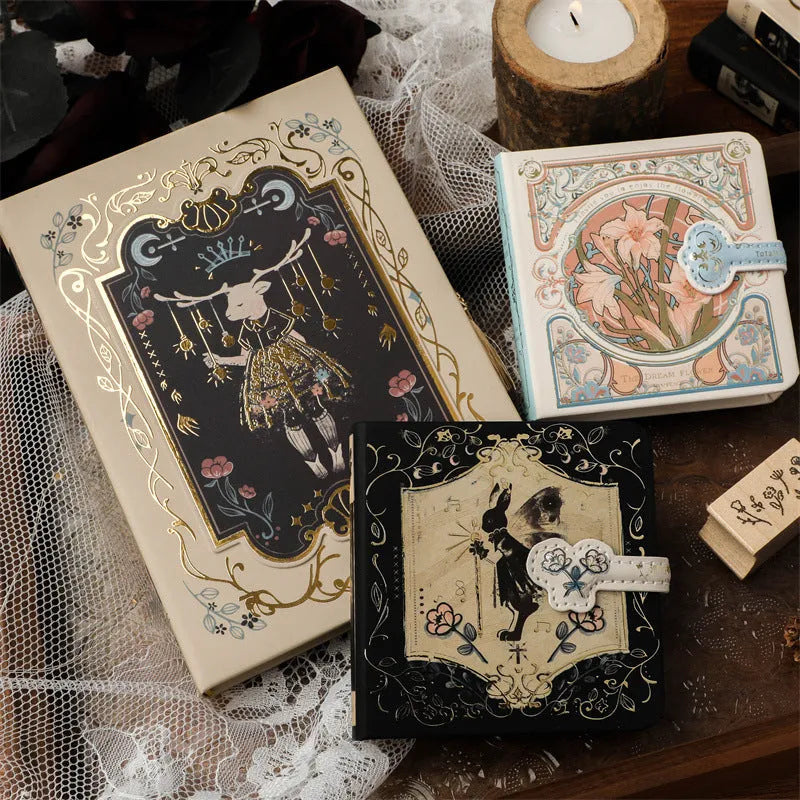 A5 retro Gothic art notebook with thematic cover, shown next to pen for scale