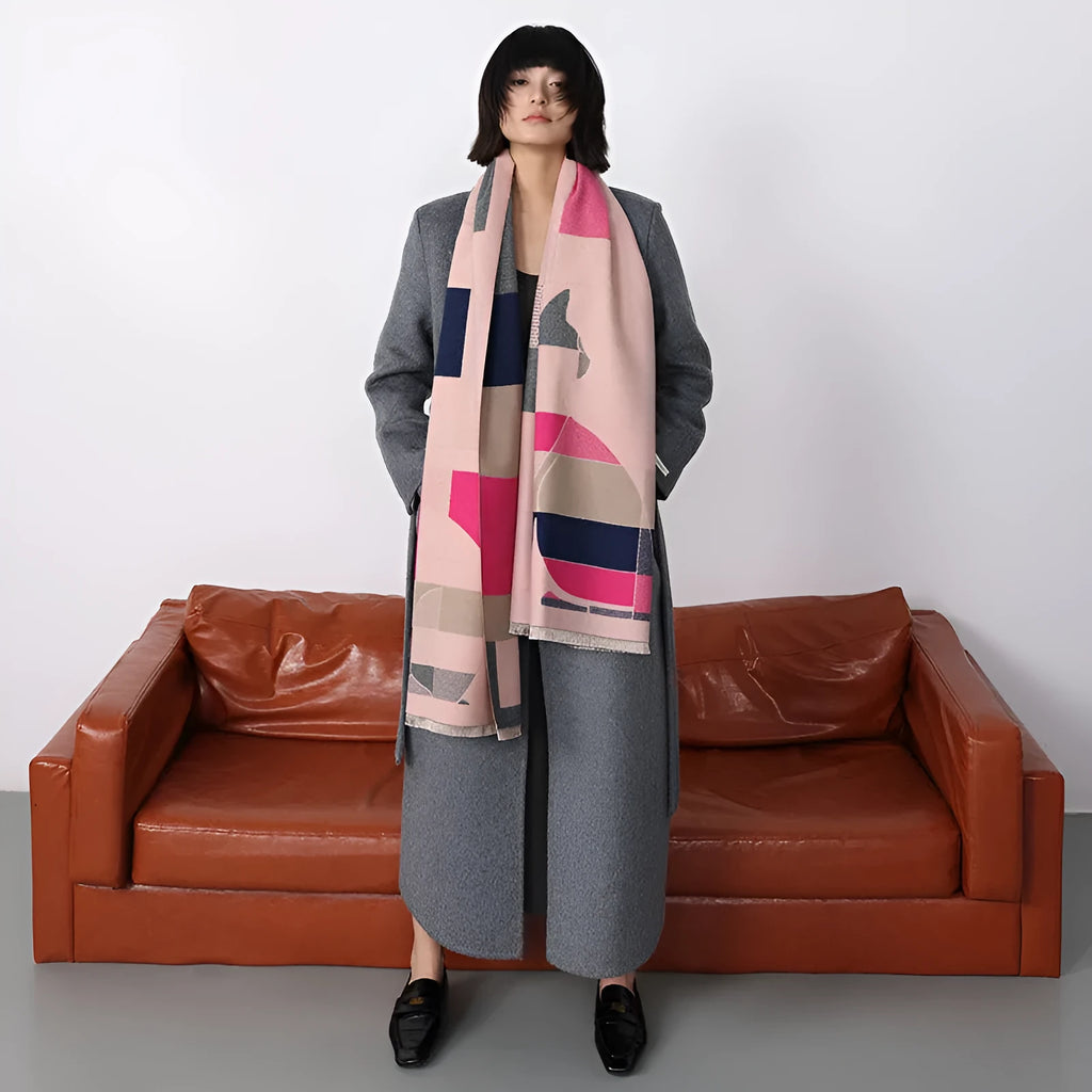 Long beige imitation cashmere scarf draped to show 185cm length and texture
