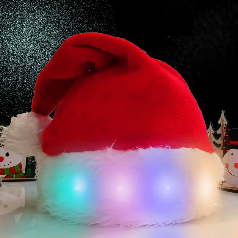 Red and white plush Santa hat with pom-pom and twinkling multi-coloured LED lights around the brim.