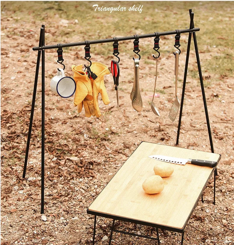 Large foldable aluminium alloy triangle clothes drying rack for camping with side hooks.