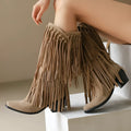 Women's beige suede mid-calf boots with a chunky heel, tassel detail, and square toe