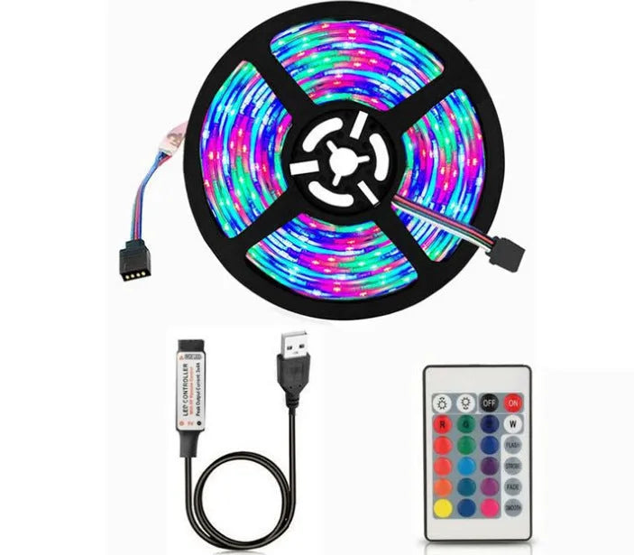 Close-up of a flexible white USB LED light strip showing SMD5050 LEDs and a connected USB cable.