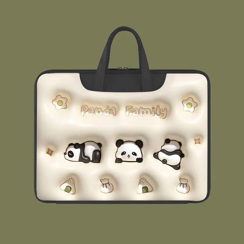 PU leather inflatable laptop bag with cartoon print, shown hanging from a suitcase handle.