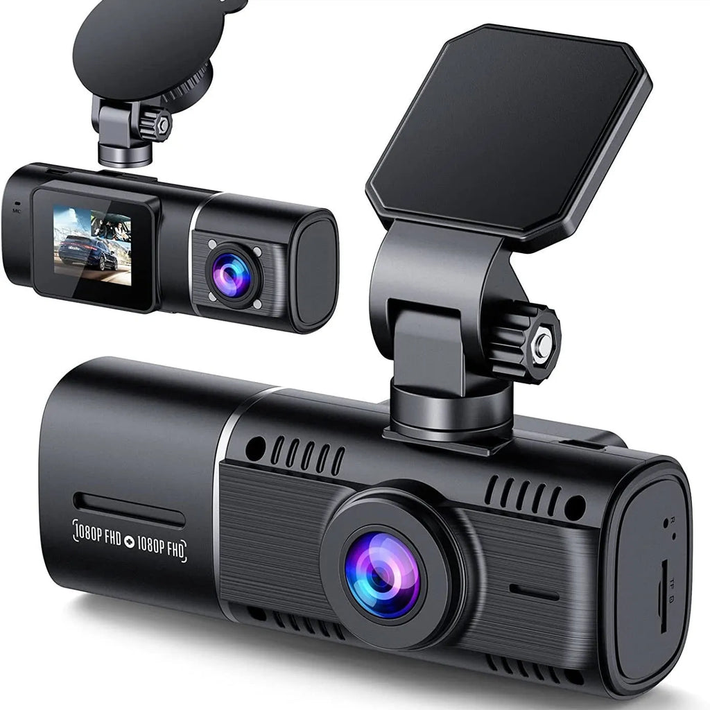 Black dash cam with 1.5-inch screen for car front and rear recording with parking surveillance