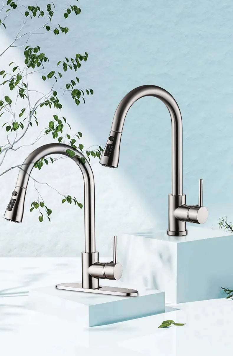 Brushed copper pull-out kitchen faucet with stainless steel body, single handle, and wire-drawn finish