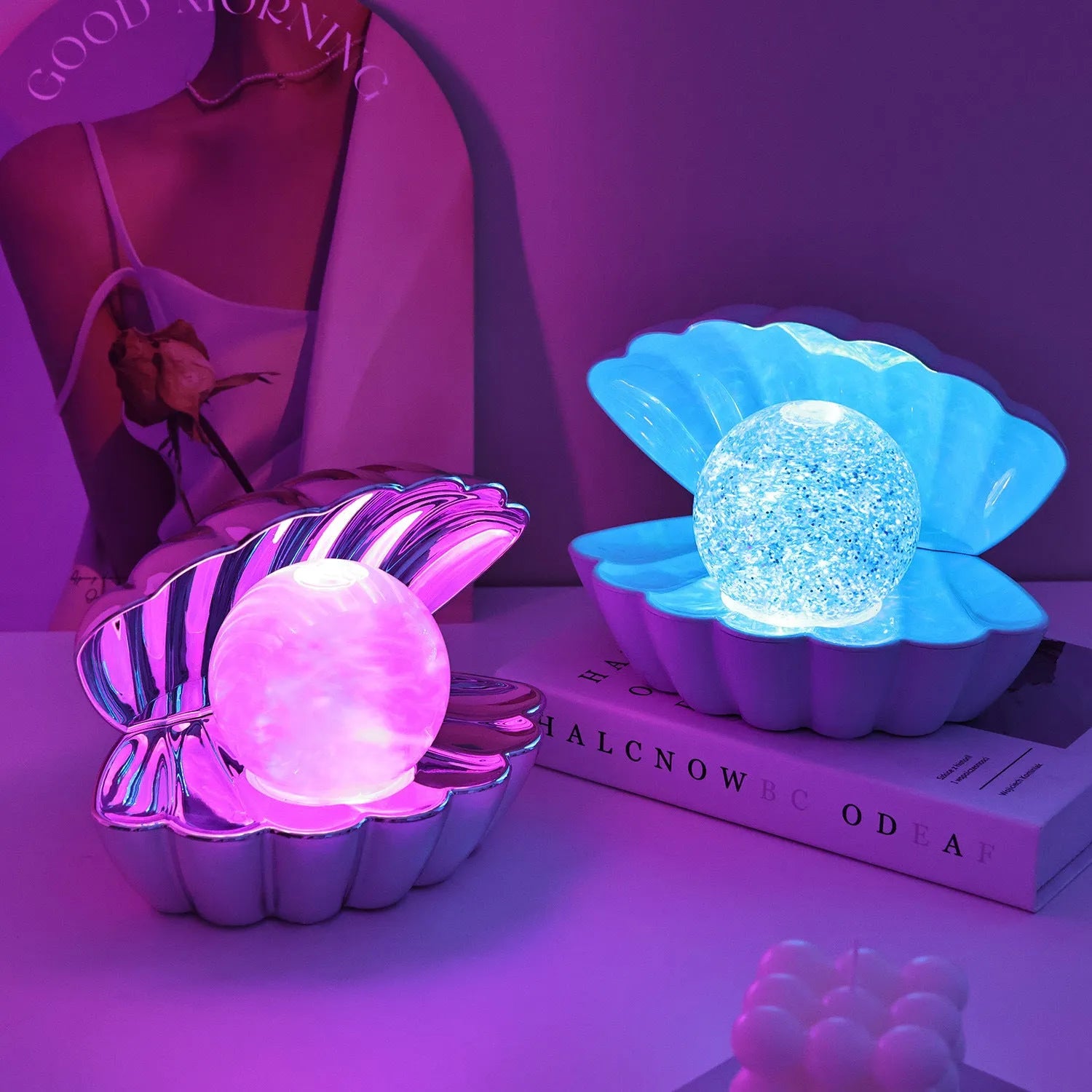 Shell-shaped decorative neon night lamp with ambient lighting in three colour options