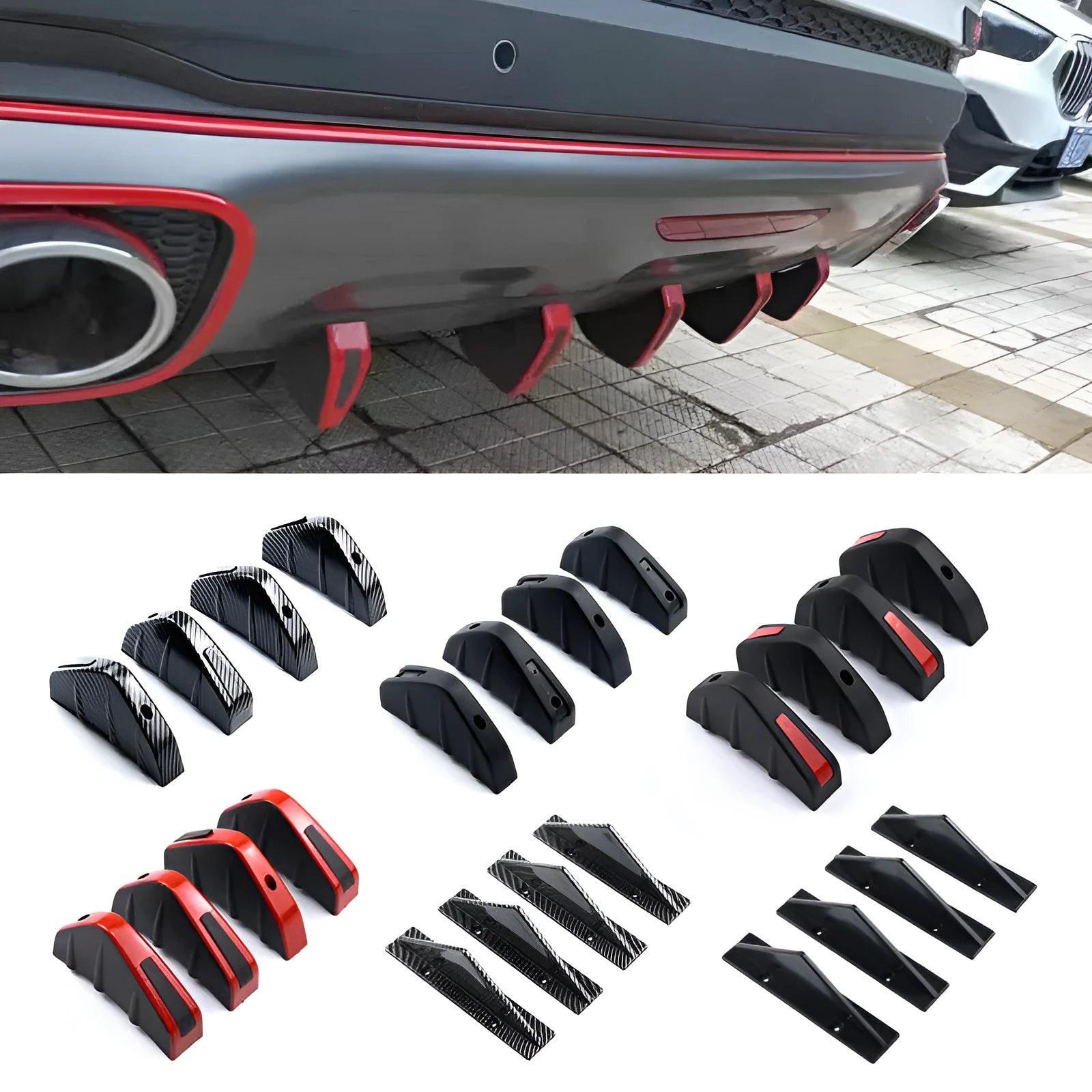 Black carbon fibre style universal triangular rear spoiler lip for cars measuring 15cm