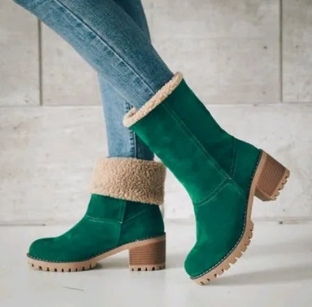 Women's mid-calf suede snow boots in grey with a thick heel and waterproof platform sole.
