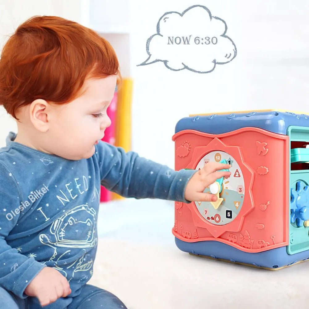Baby hexahedron educational toy with six different Montessori learning activities on each side