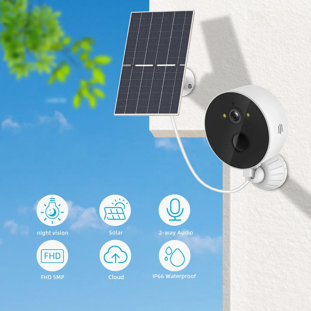 Outdoor security camera with attached solar panel for wireless property monitoring