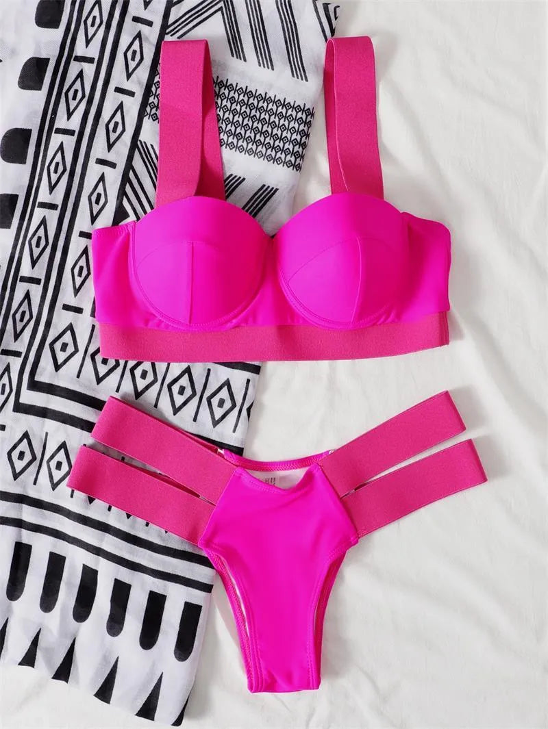 Women's push-up bikini set with steel bracket support in Rose Red, Black, Peacock Blue and Blue nylon fabric