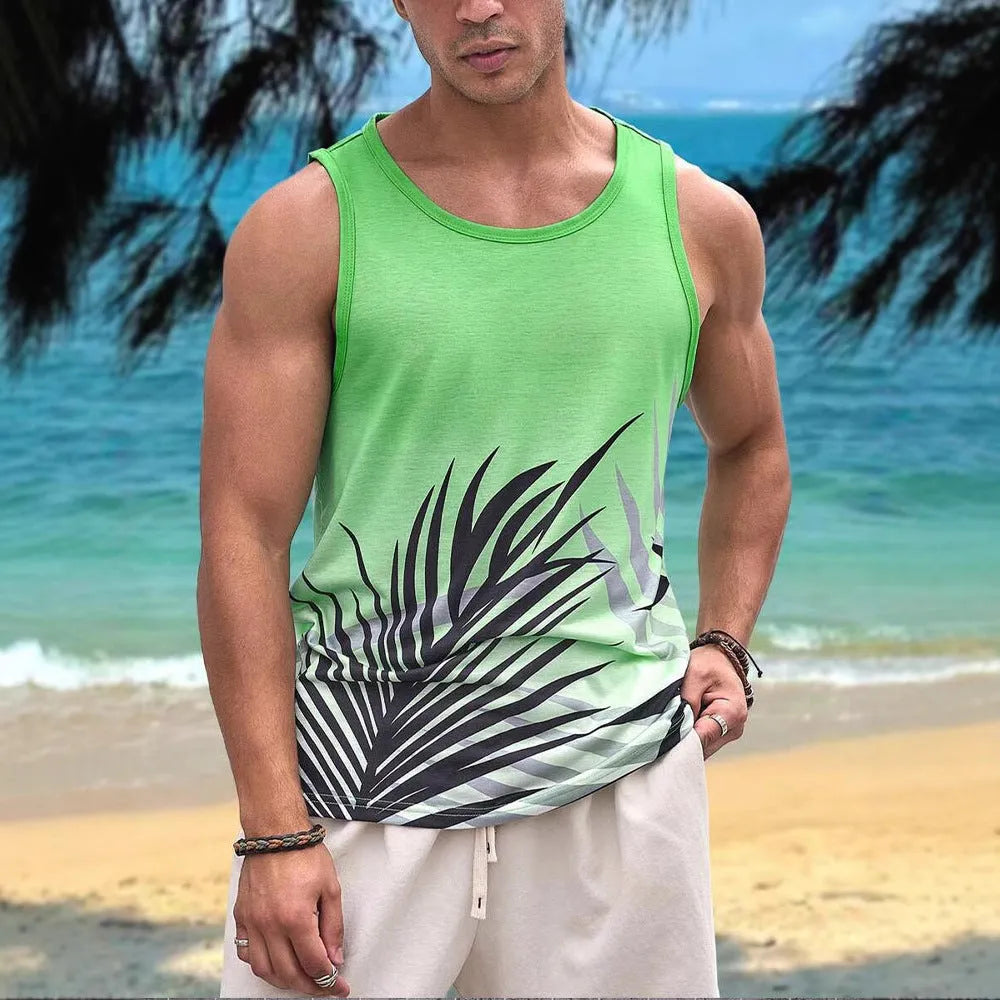 Man wearing a solid-colour 3D printed Hawaiian style sleeveless vest top