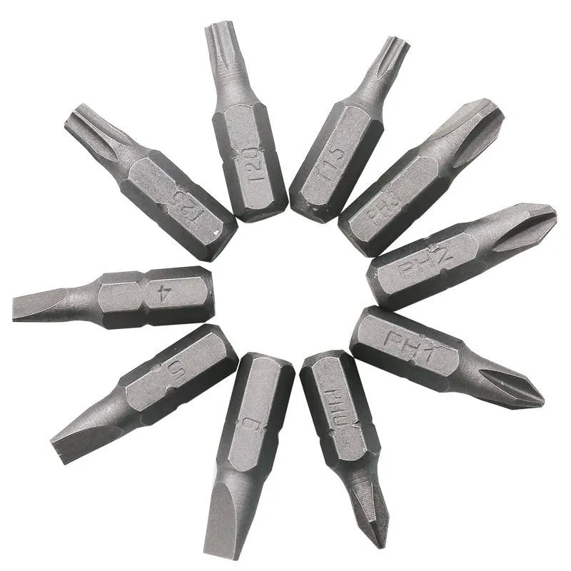 L-shaped double-headed socket wrench with 10 screwdriver bits on work surface
