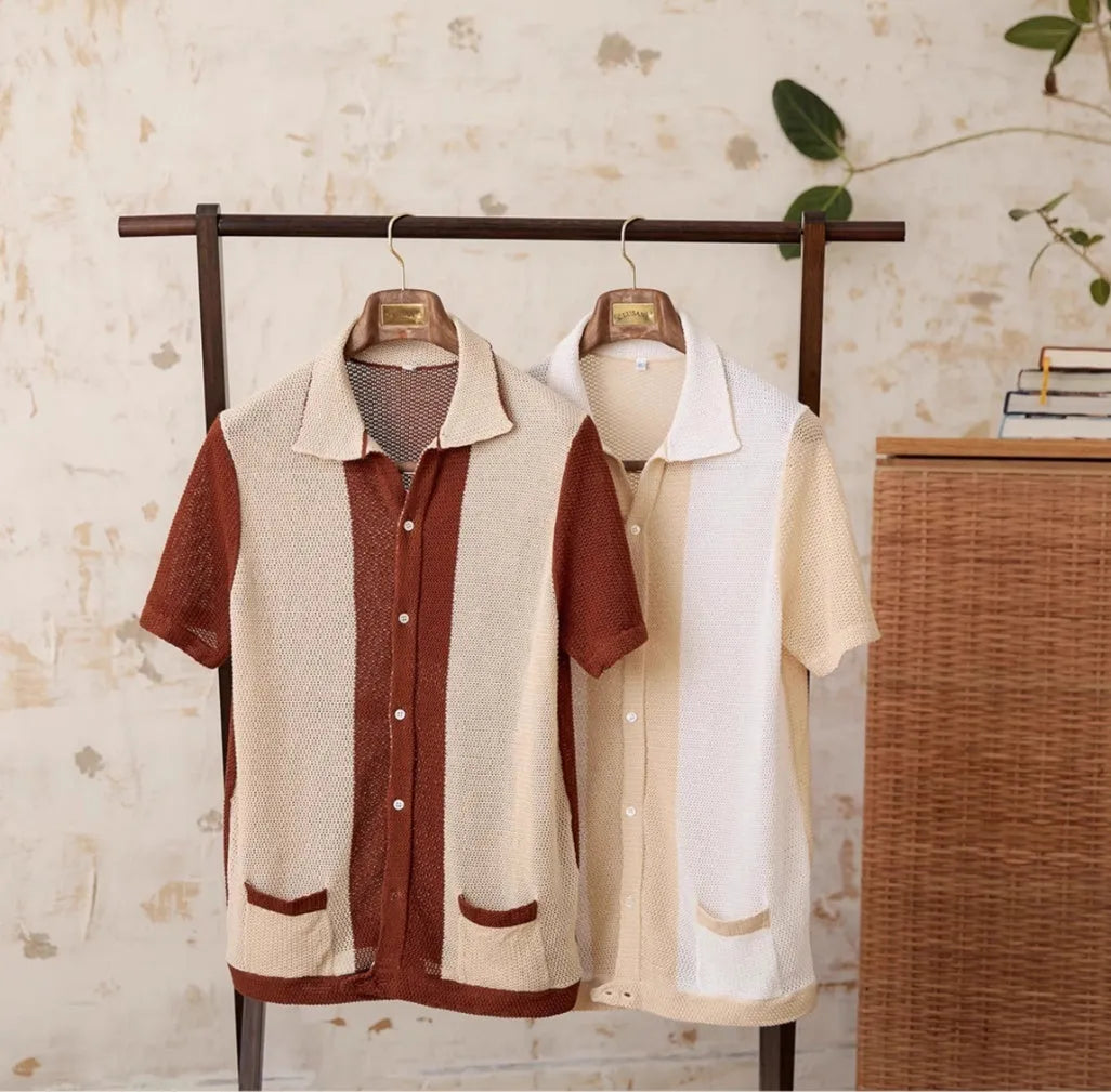 Women's beige lapel cardigan with short sleeves made from cotton and linen blend fabric