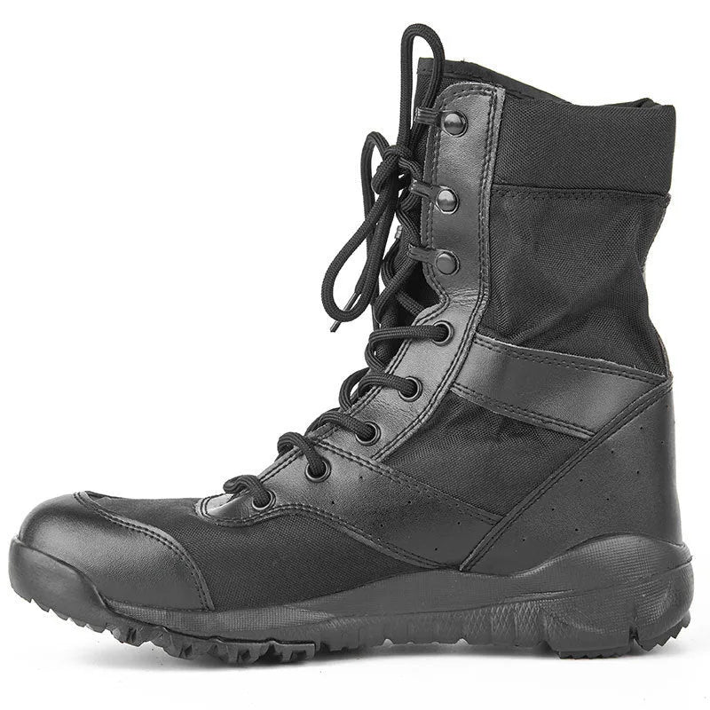 Black and sand coloured Yulong tactical combat boots for outdoor hiking and sports.