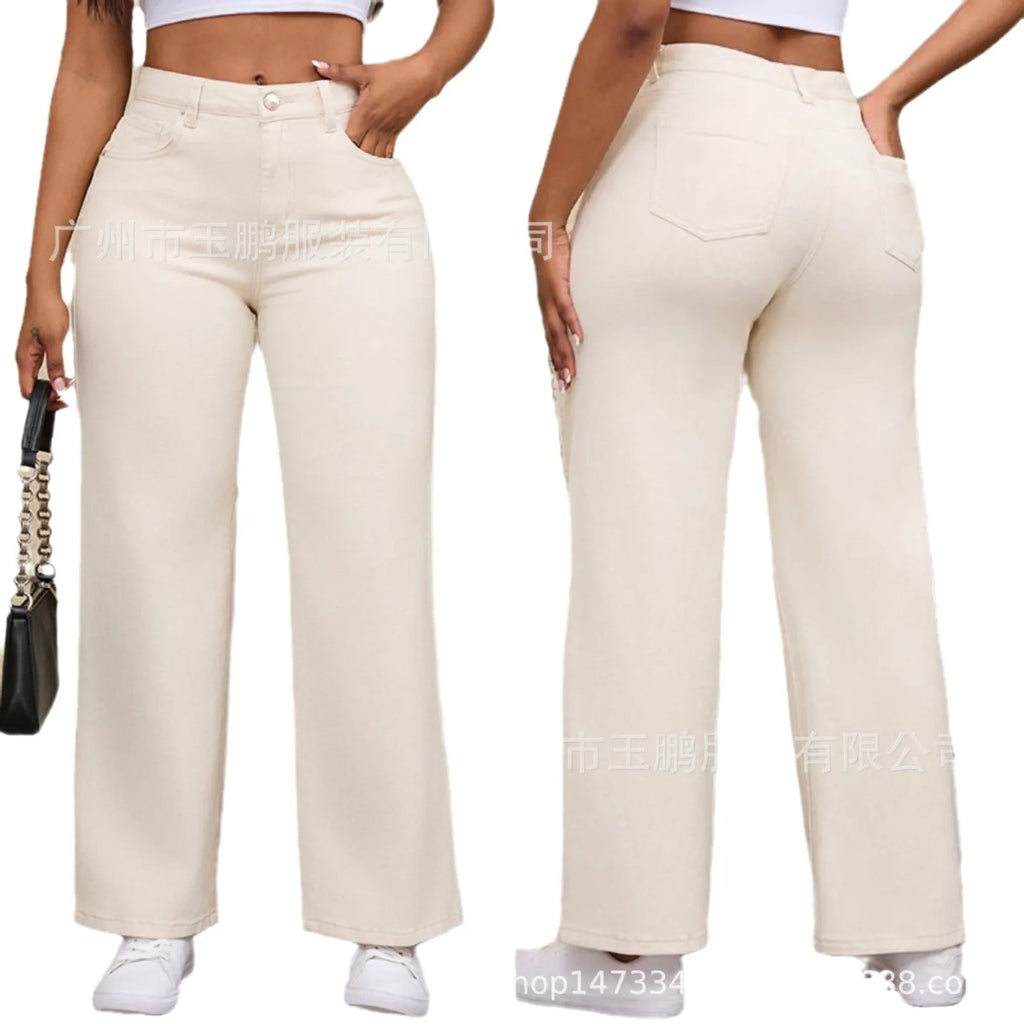 Women's straight wide leg jeans in apricot colour with high waist design