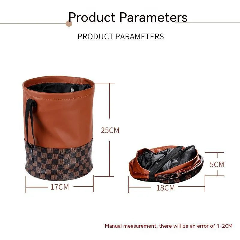 Black leather folding car bin with retractable handle and waterproof lining for vehicle waste collection